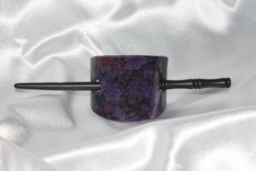 Barette Chignon- Pâte Polymère Violette- Décalcomanie Motif Floral