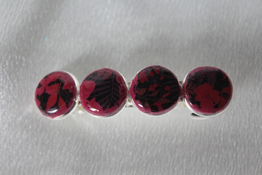 Barette Support Argenté-Déco Pâte Polymère-Couleur Framboise-Décalcomanie Motif  Fleurs (2)