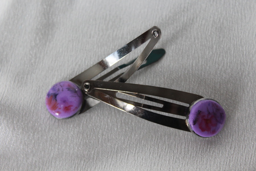 Barette Support Black Gun-Déco Pâte Polymère-Couleur Violette-Décalcomanie Motif  Fleurs (2)