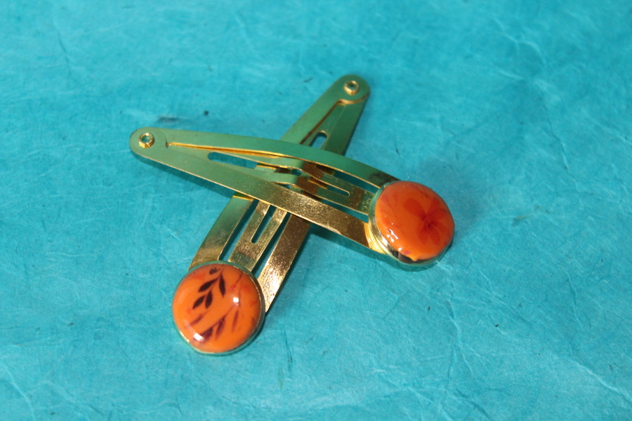 Barette Support Doré-Déco Pâte Polymère-Couleur Orange-Décalcomanie Motif  Fleurs (5)