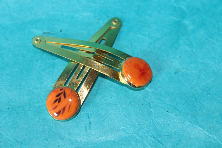 Barette Support Doré-Déco Pâte Polymère-Couleur Orange-Décalcomanie Motif  Fleurs (4)