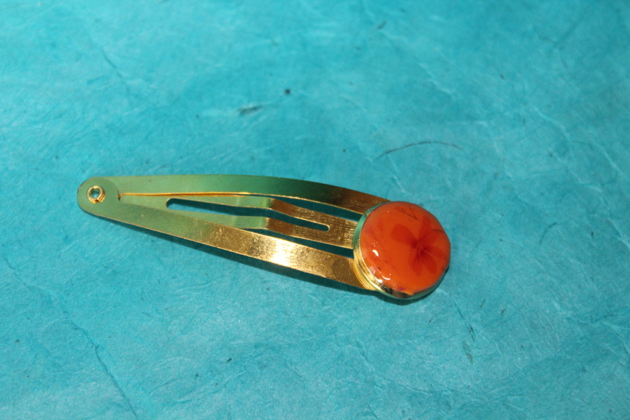 Barette Support Doré-Déco Pâte Polymère-Couleur Orange-Décalcomanie Motif  Fleurs (8)