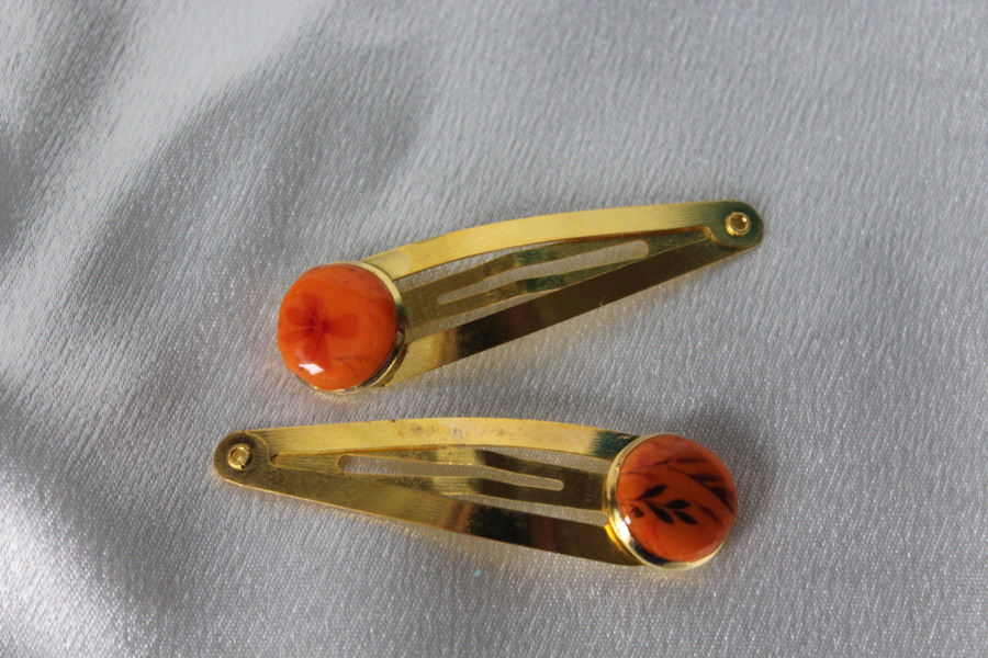 Barette Support Doré-Déco Pâte Polymère-Couleur Orange-Décalcomanie Motif  Fleurs