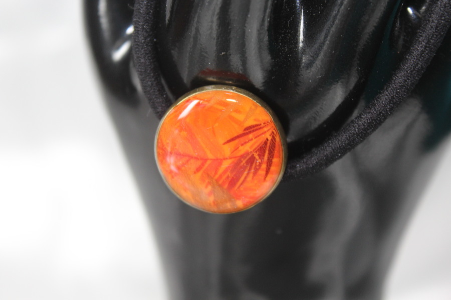 Elastique à Cheveux- Pâte Polymère-Orange-Décalcomanie Motif Feuillage (2)
