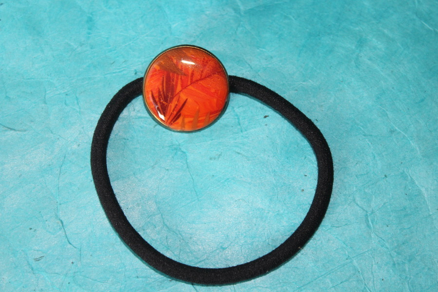 Elastique à Cheveux- Pâte Polymère-Orange-Décalcomanie Motif Feuillage (7)
