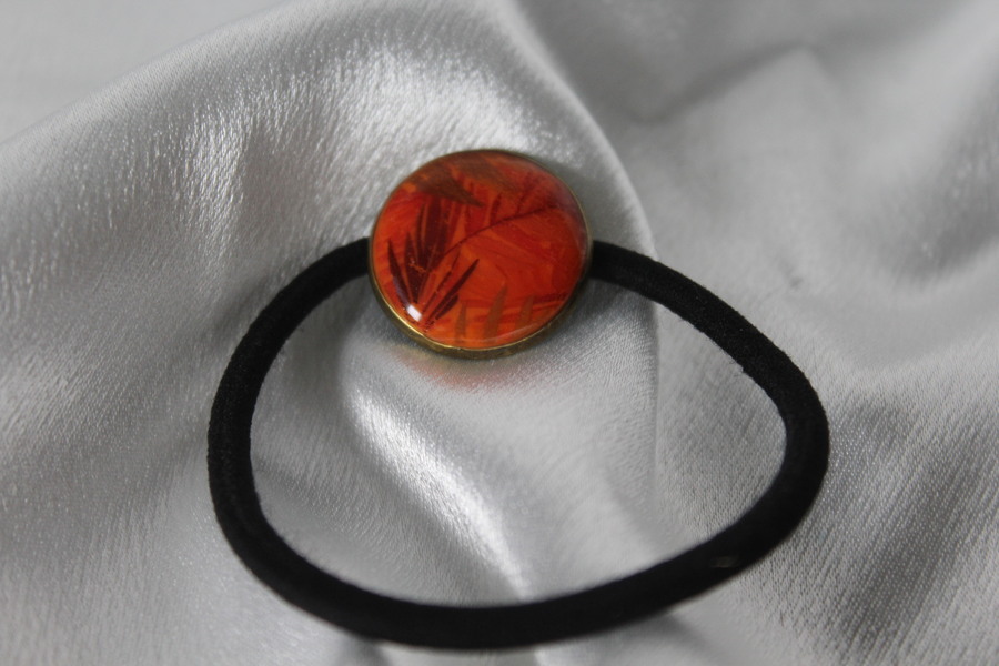 Elastique à Cheveux- Pâte Polymère-Orange-Décalcomanie Motif Feuillage (5)