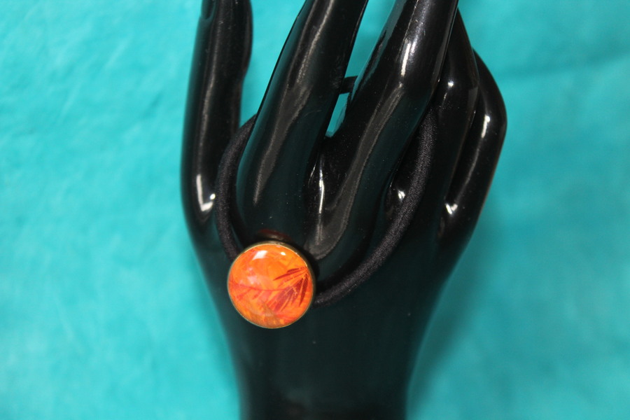 Elastique à Cheveux- Pâte Polymère-Orange-Décalcomanie Motif Feuillage (3)