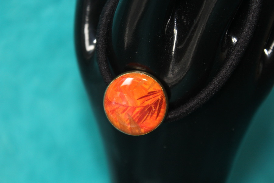 Elastique à Cheveux- Pâte Polymère-Orange-Décalcomanie Motif Feuillage (4)