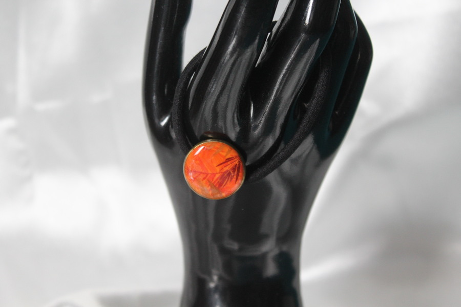 Elastique à Cheveux- Pâte Polymère-Orange-Décalcomanie Motif Feuillage