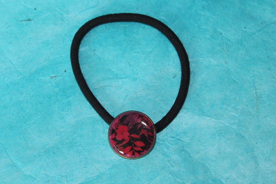 Elastique à Cheveux- Pâte Polymère-Framboise-Décalcomanie Motif Fleuri (7)