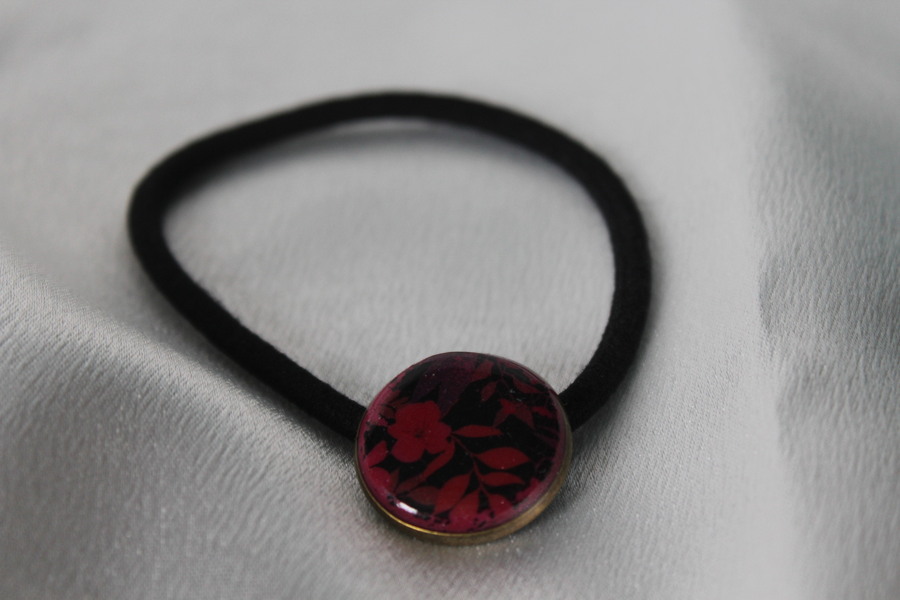 Elastique à Cheveux- Pâte Polymère-Framboise-Décalcomanie Motif Fleuri (3)