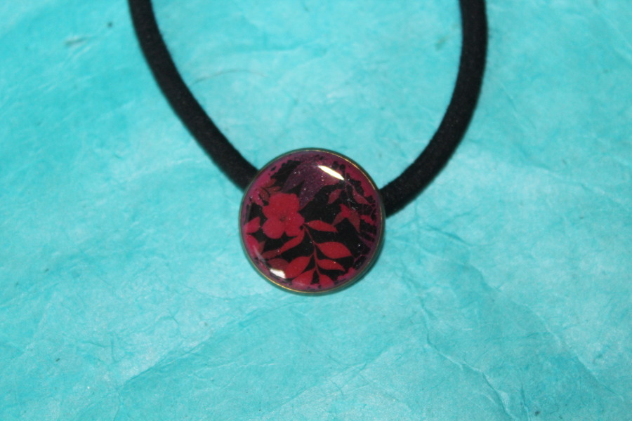 Elastique à Cheveux- Pâte Polymère-Framboise-Décalcomanie Motif Fleuri (6)