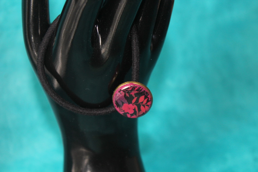 Elastique à Cheveux- Pâte Polymère-Framboise-Décalcomanie Motif Fleuri