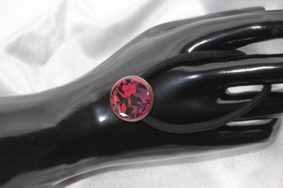 Elastique à Cheveux- Pâte Polymère-Framboise-Décalcomanie Motif Fleuri (9)