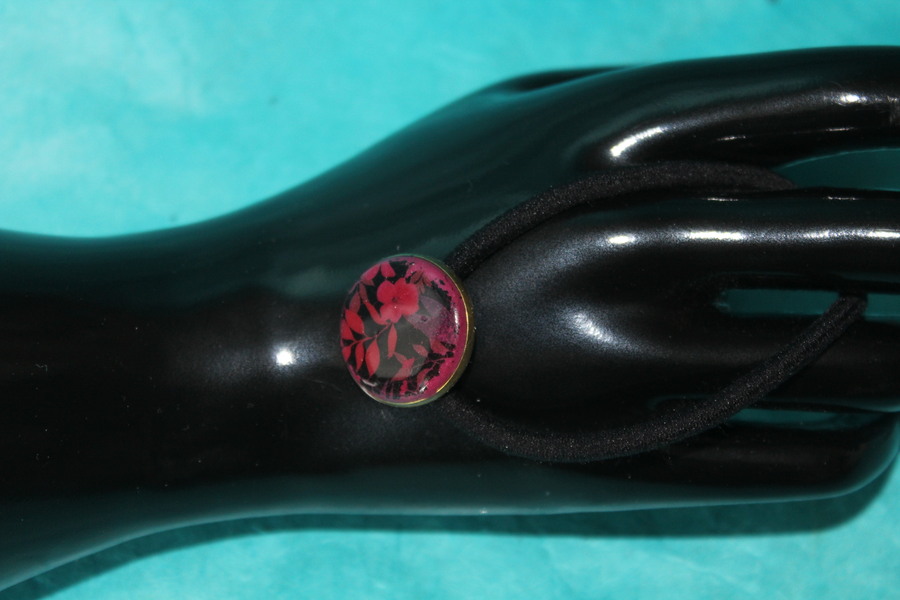 Elastique à Cheveux- Pâte Polymère-Framboise-Décalcomanie Motif Fleuri (8)
