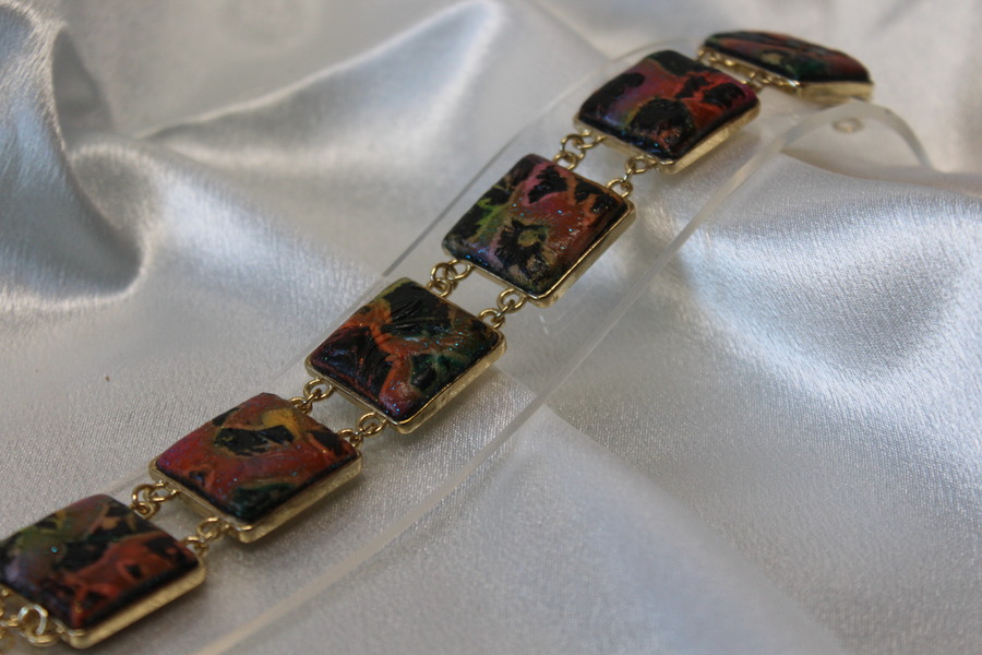 Bracelets-Cabochons-Carres-Acier-Dore-Polymere-Multicolore-4