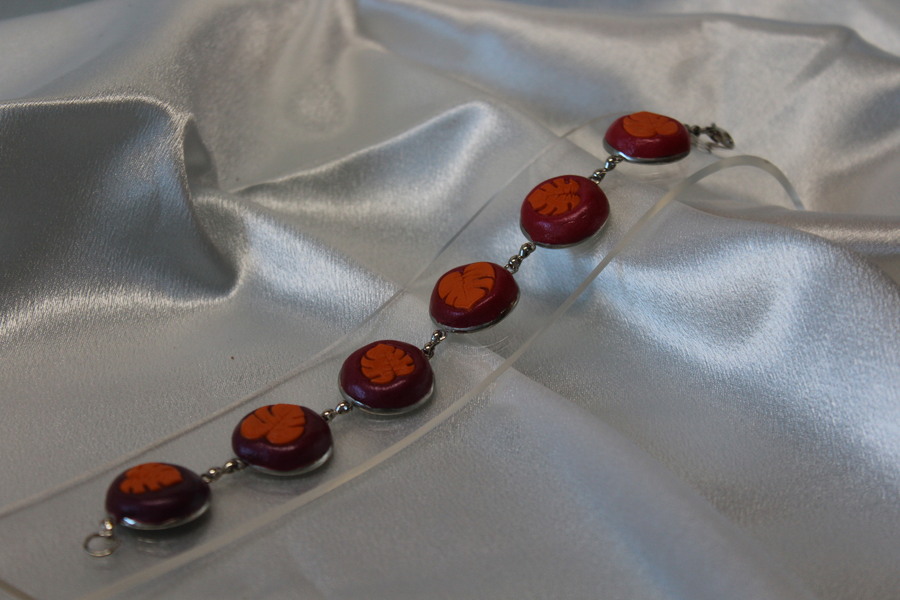 Bracelet-Acier-Argente-Cabochons-Ronds-Polymere-Orange-Degrade-Rouge-Framboise-3