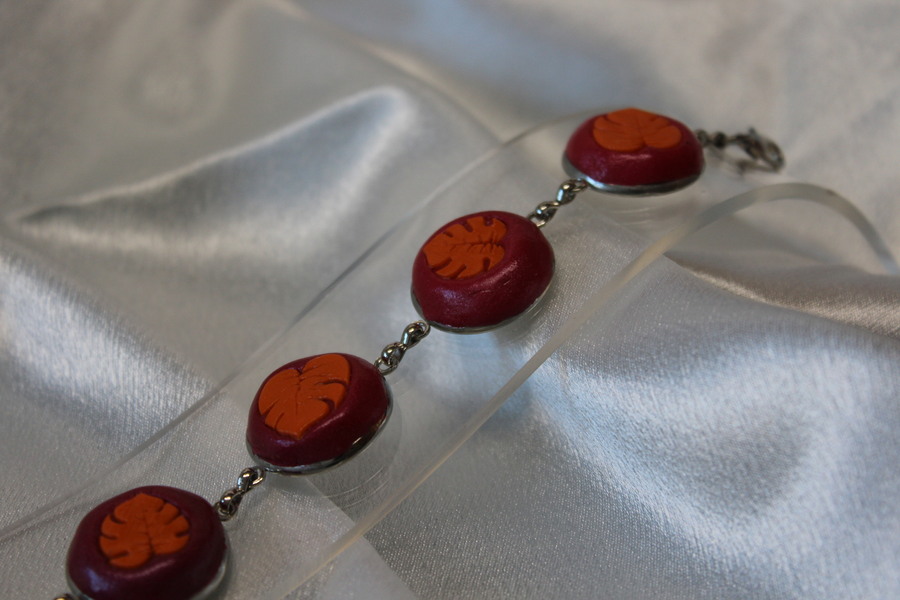 Bracelet-Acier-Argente-Cabochons-Ronds-Polymere-Orange-Degrade-Rouge-Framboise-4