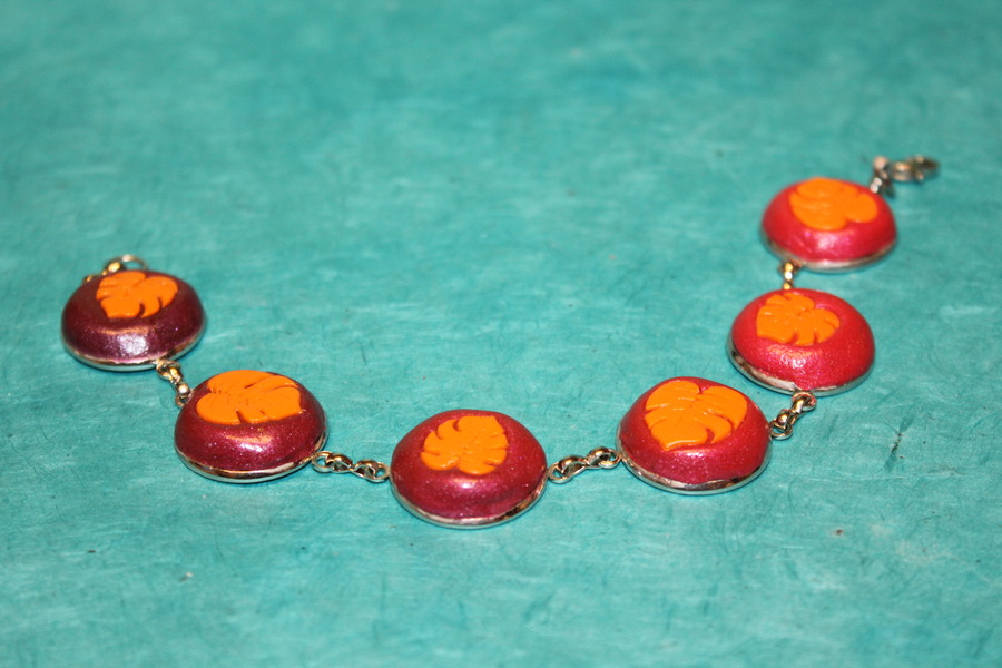 Bracelet-Acier-Argente-Cabochons-Ronds-Polymere-Orange-Degrade-Rouge-Framboise-6
