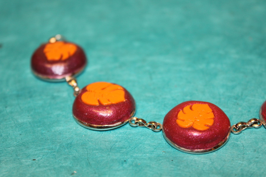 Bracelet-Acier-Argente-Cabochons-Ronds-Polymere-Orange-Degrade-Rouge-Framboise-7