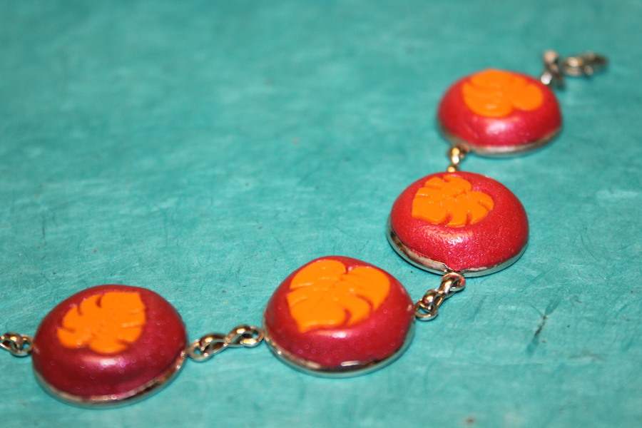 Bracelet-Acier-Argente-Cabochons-Ronds-Polymere-Orange-Degrade-Rouge-Framboise-8