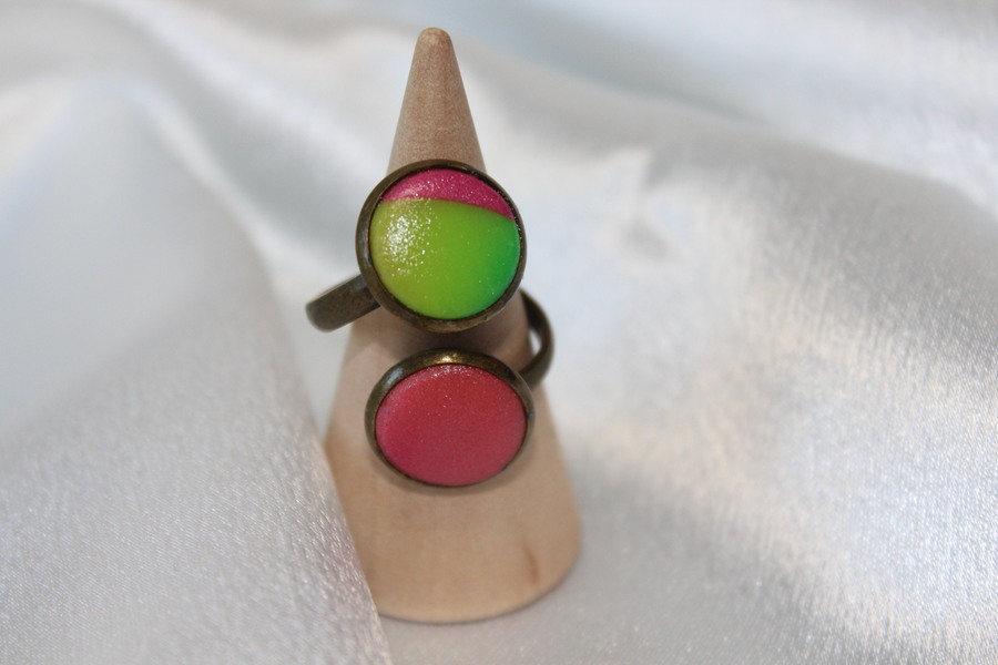 Bague-Reglable-Cuivre-acier-2 Cabochon-Polymere-Couleurs-Vives