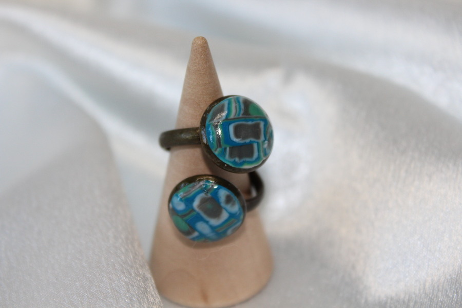 Bague-Cuivre-Acier-Reglable-2 Cabochon-Polymere-Multicolores