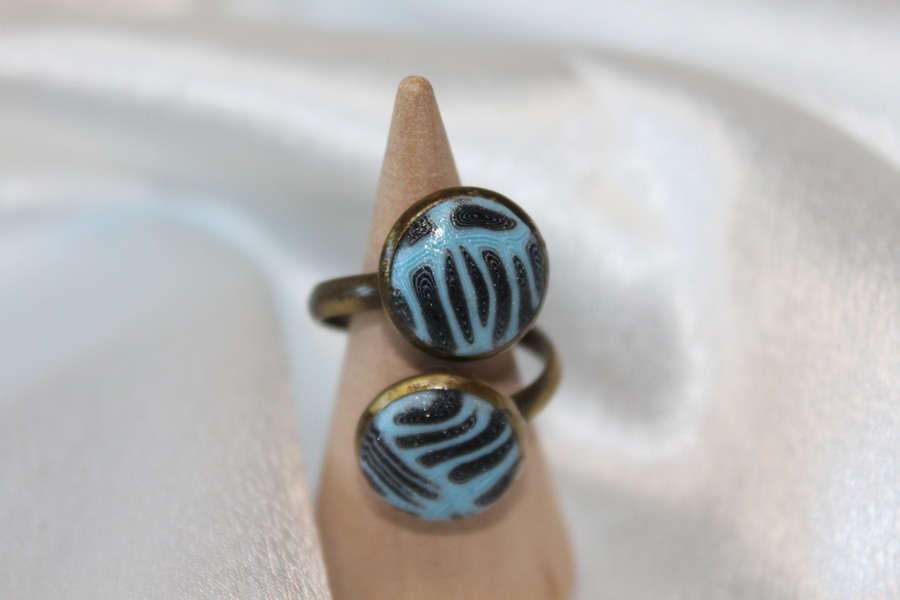 Bague-Acier-Cuivre-Reglable-2 Cabochons-Polymere-Bleu-Noir-1