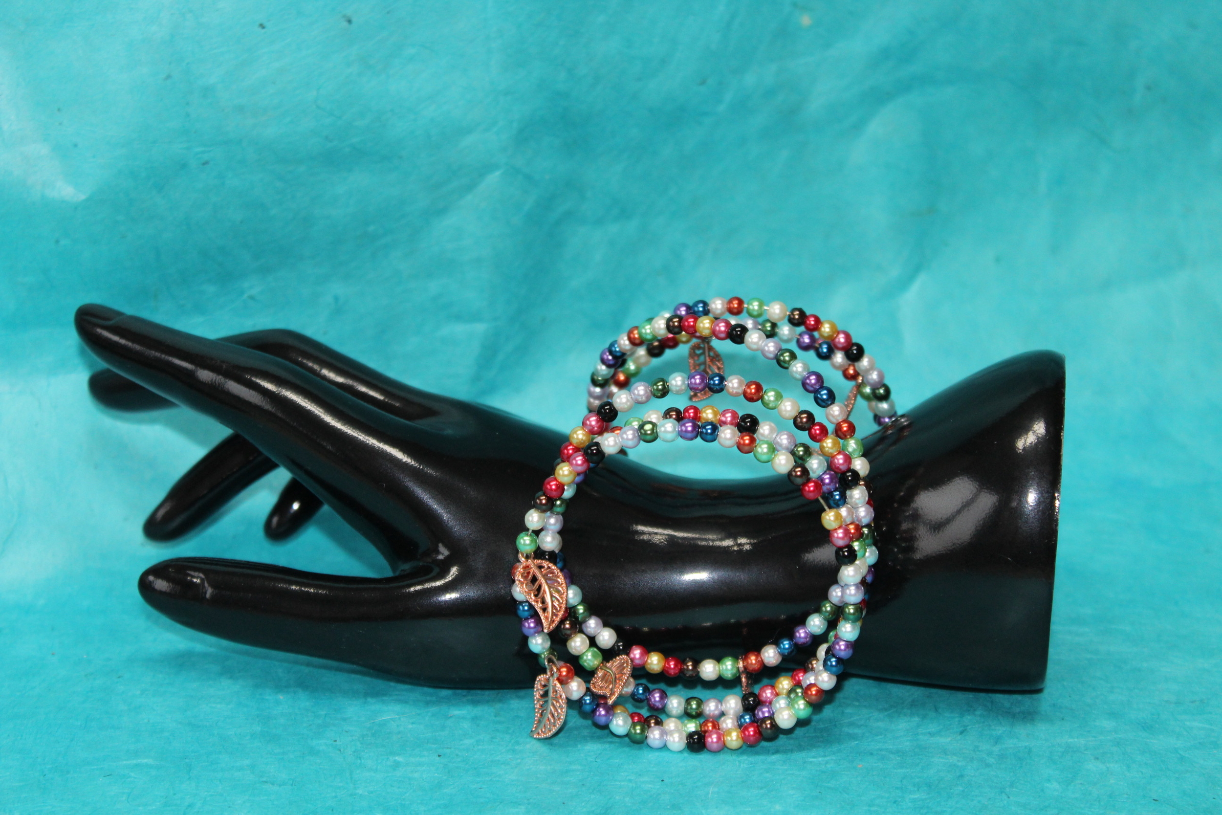 Bracelet-Multi-Rangs-Imitation-Perles-Cultures-Multicolores-Breloques-feuilles-Bronze
