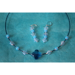 Parure-Collier-Boucle dOreille-Perles de Verre Bleues à Motifs