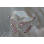 Parure-Collier-Boucle dOreille-Perles de Quartz Véritable et Perles de Verre Roses