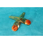 Barette Support Doré-Déco Pâte Polymère-Couleur Orange-Décalcomanie Motif  Fleurs (5)