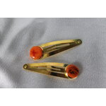 Barette Support Doré-Déco Pâte Polymère-Couleur Orange-Décalcomanie Motif  Fleurs