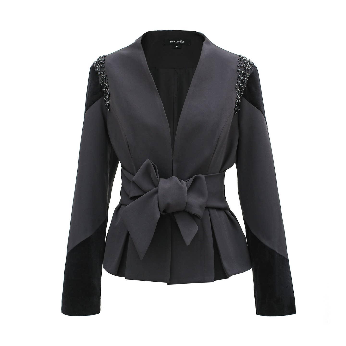 Blazer bi-matières et ceinture nouée