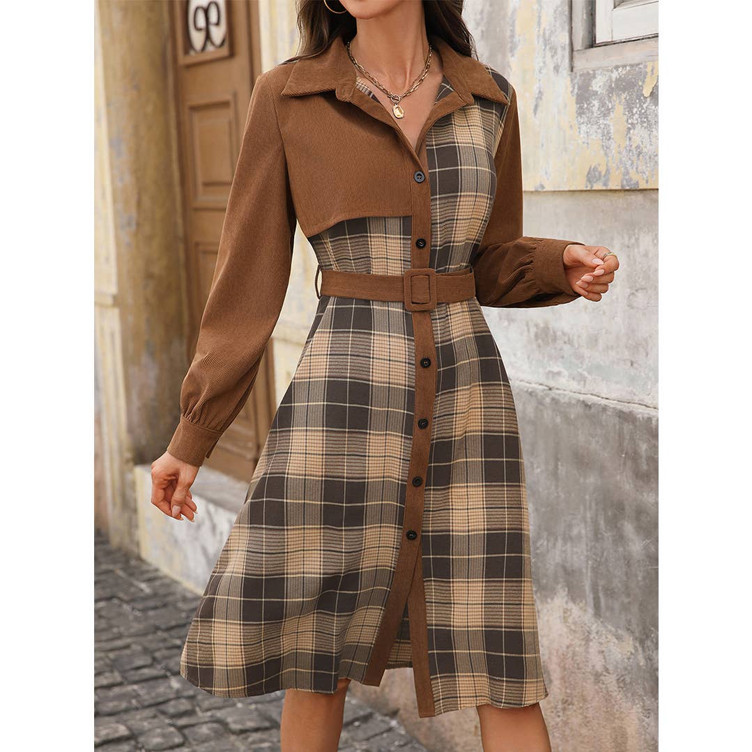 Robe à col chemise patchwork à carreaux vintage décontractée