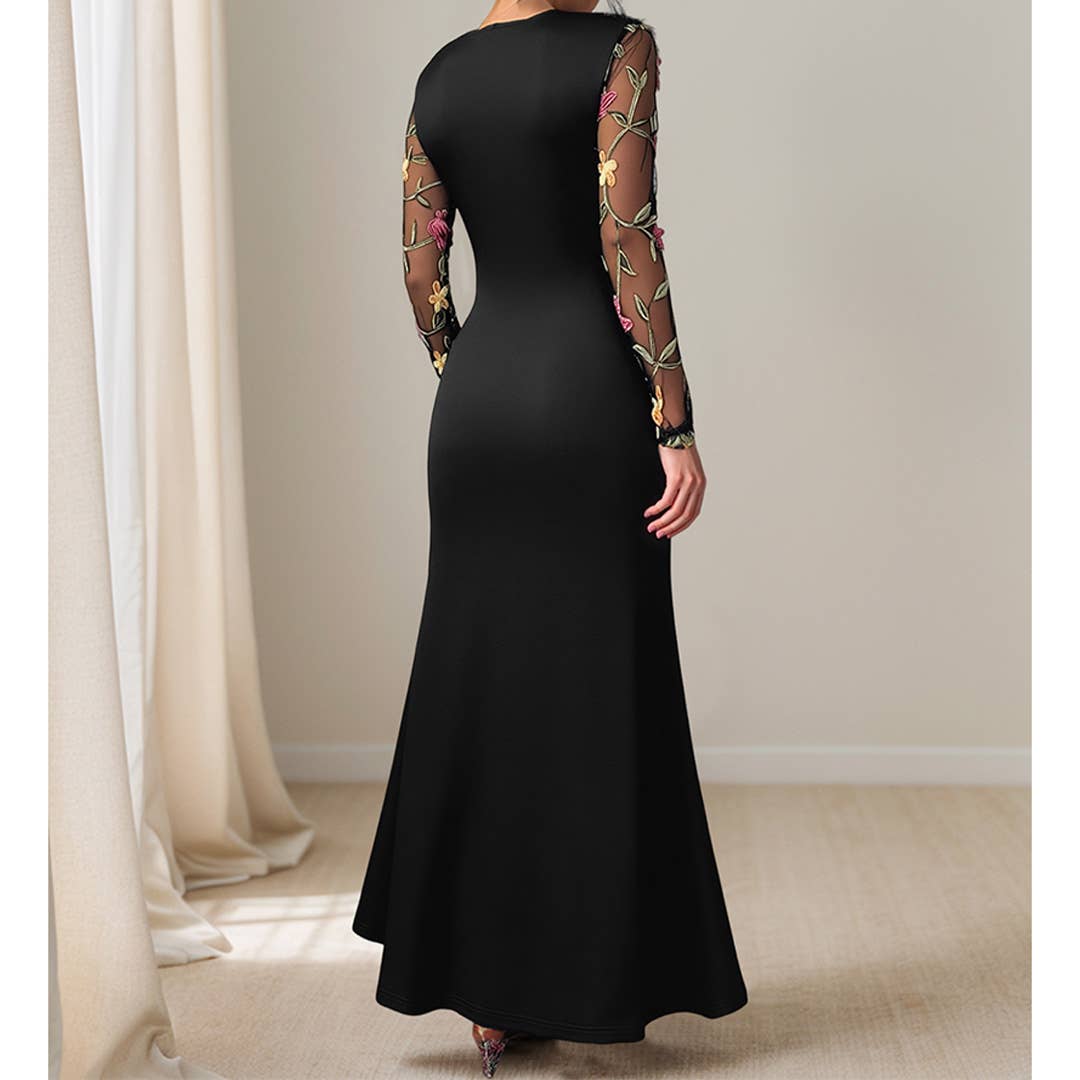 Robe Patchwork Brodée en Maille à Col Rond Vintage