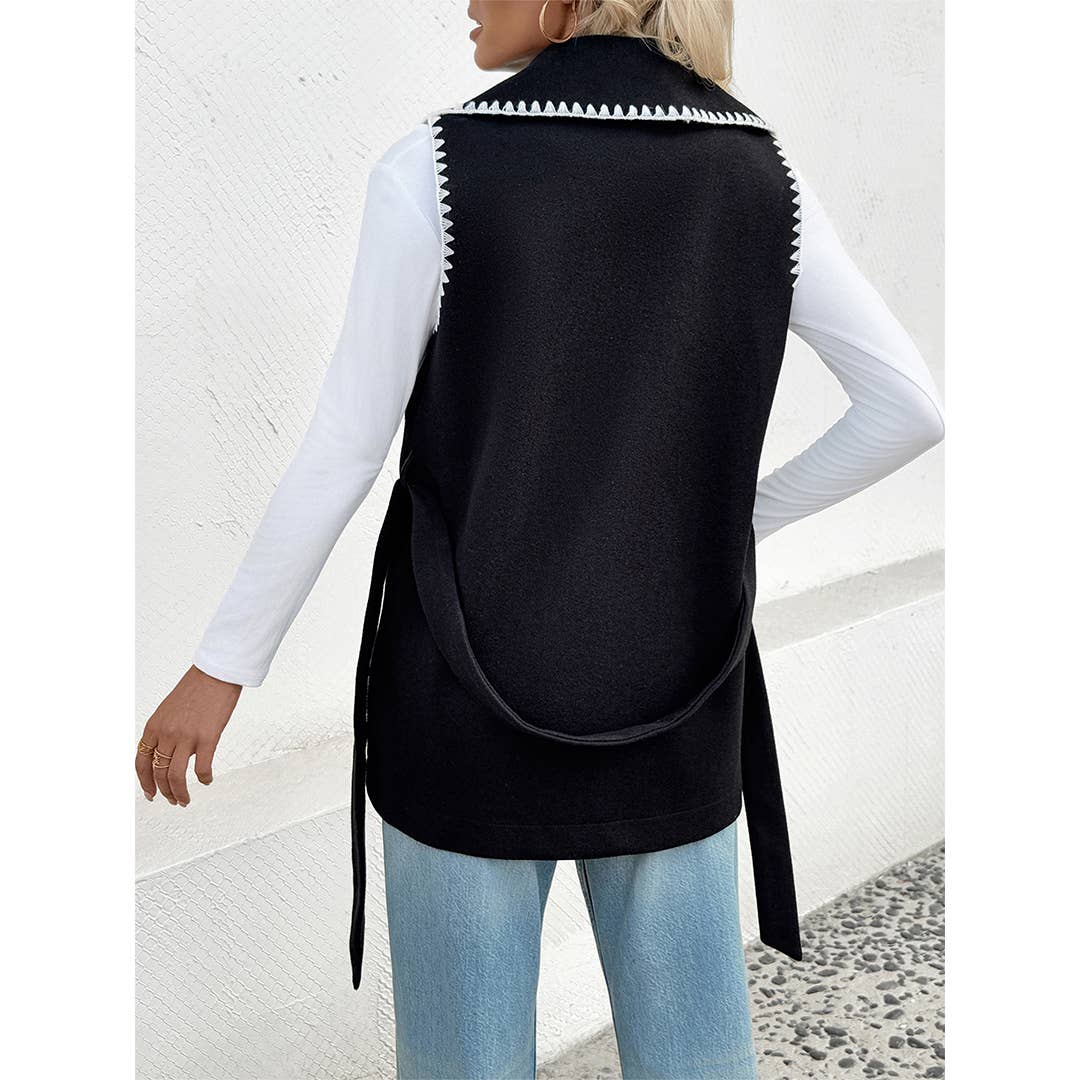 Veste sans manches à revers avec laçage et bordure contrastée décontractée