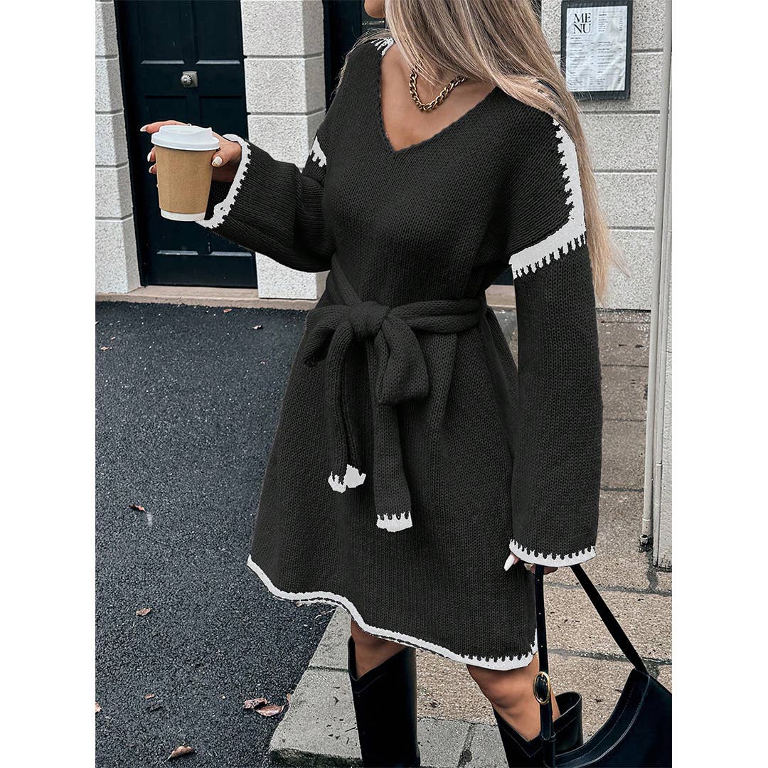 Robe décontractée en maille à col en V, ceinture à la taille et coupe ample