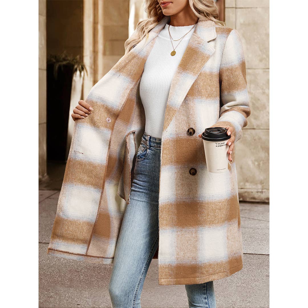 Manteau à carreaux brossé à col double boutonnage mi-long