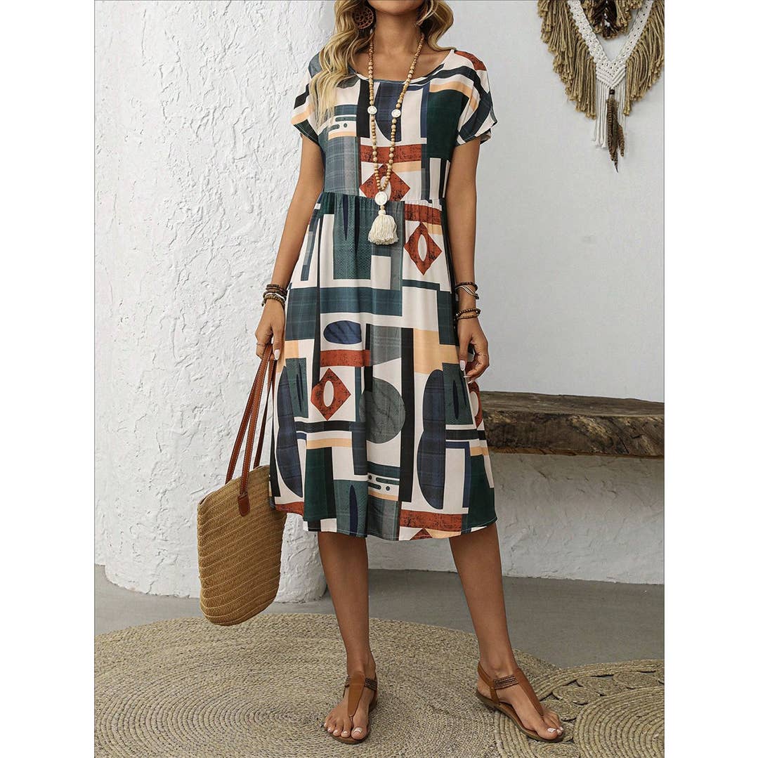 Robe midi à motif rétro imprimé vintage d'été