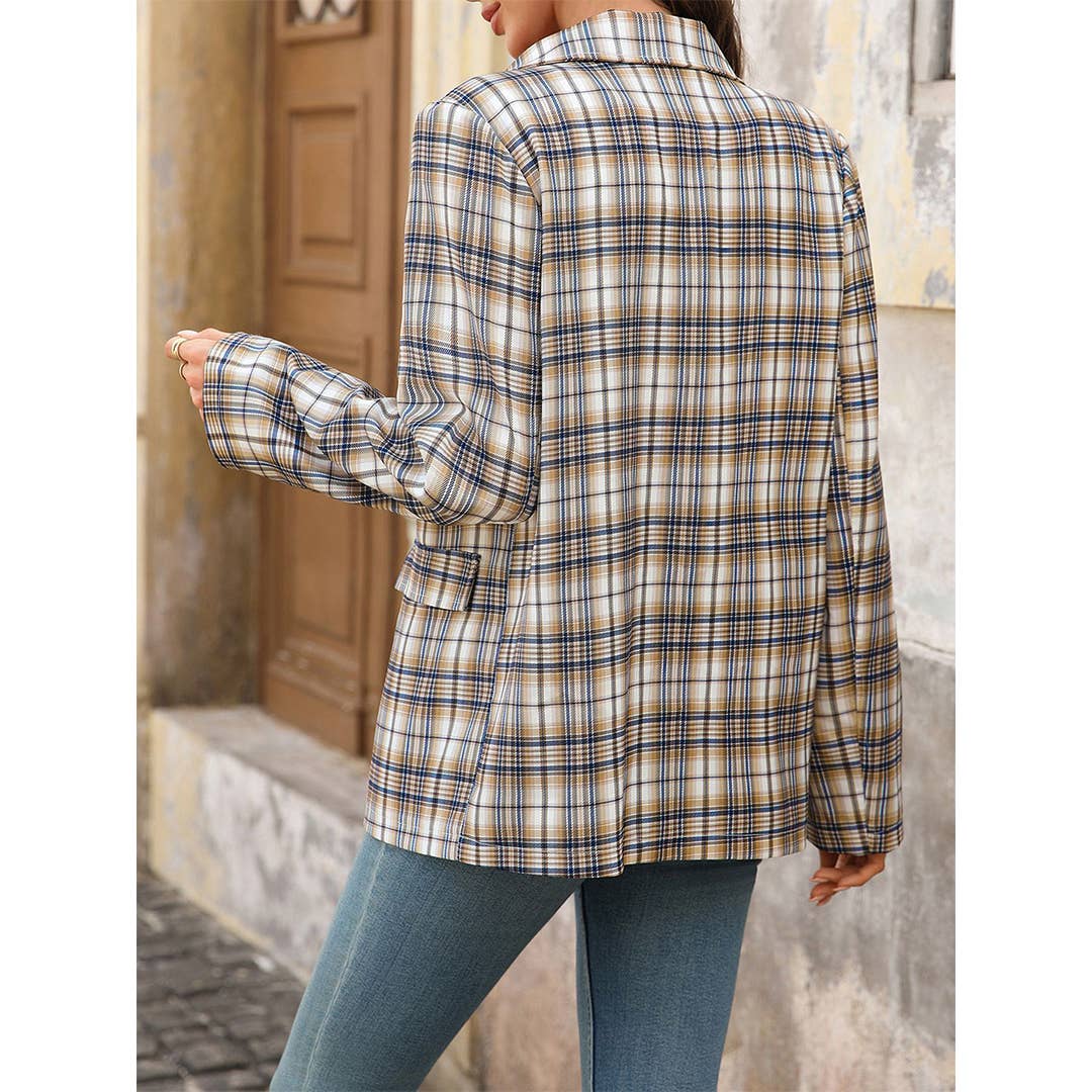 Veste à carreaux style collège d'automne à col en V et manches longues