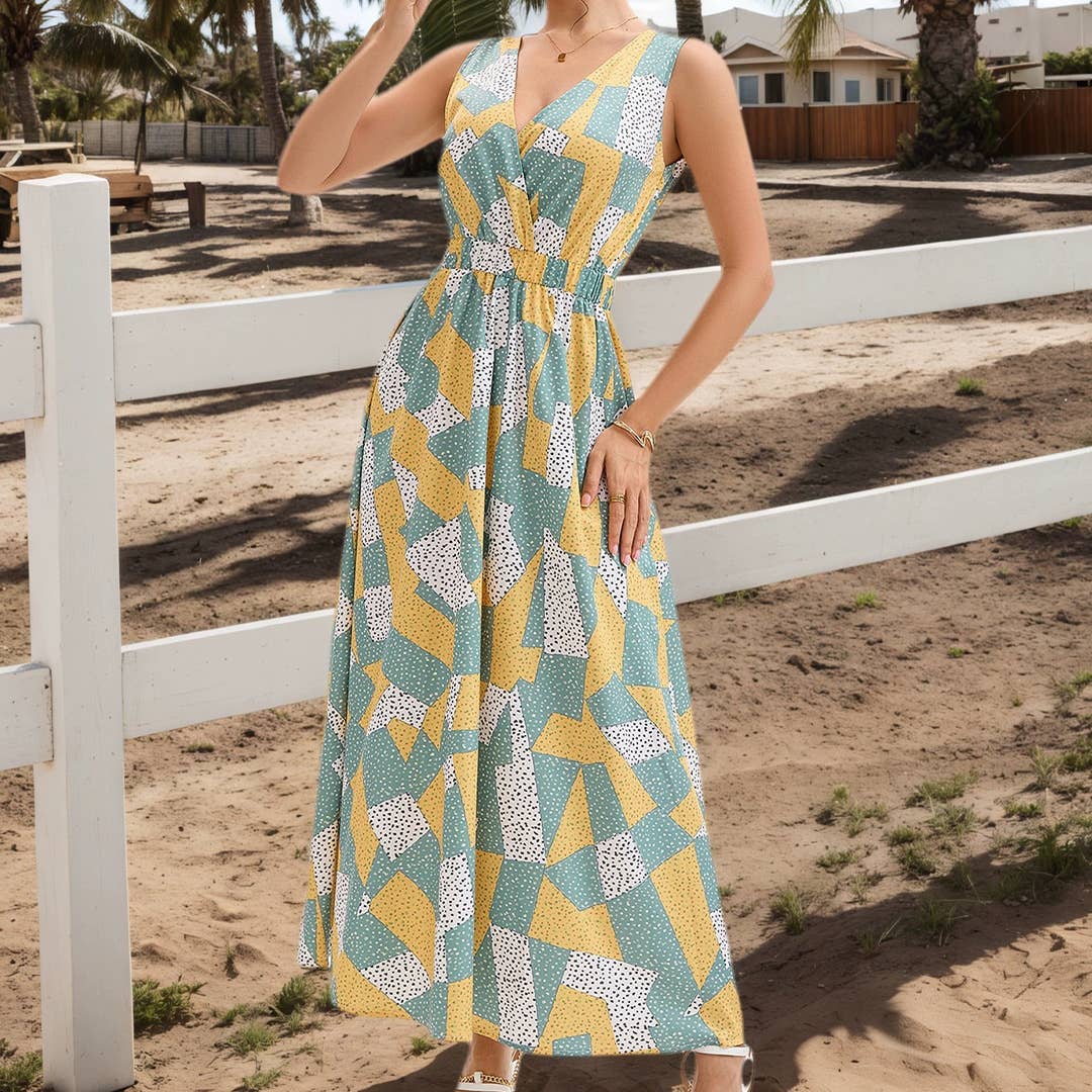 Robe sans manches à col en V avec imprimé géométrique irrégulier