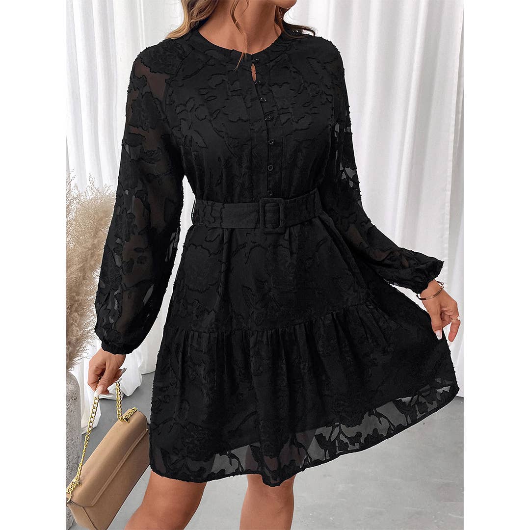 Robe midi jacquard noire élégante à manches longues