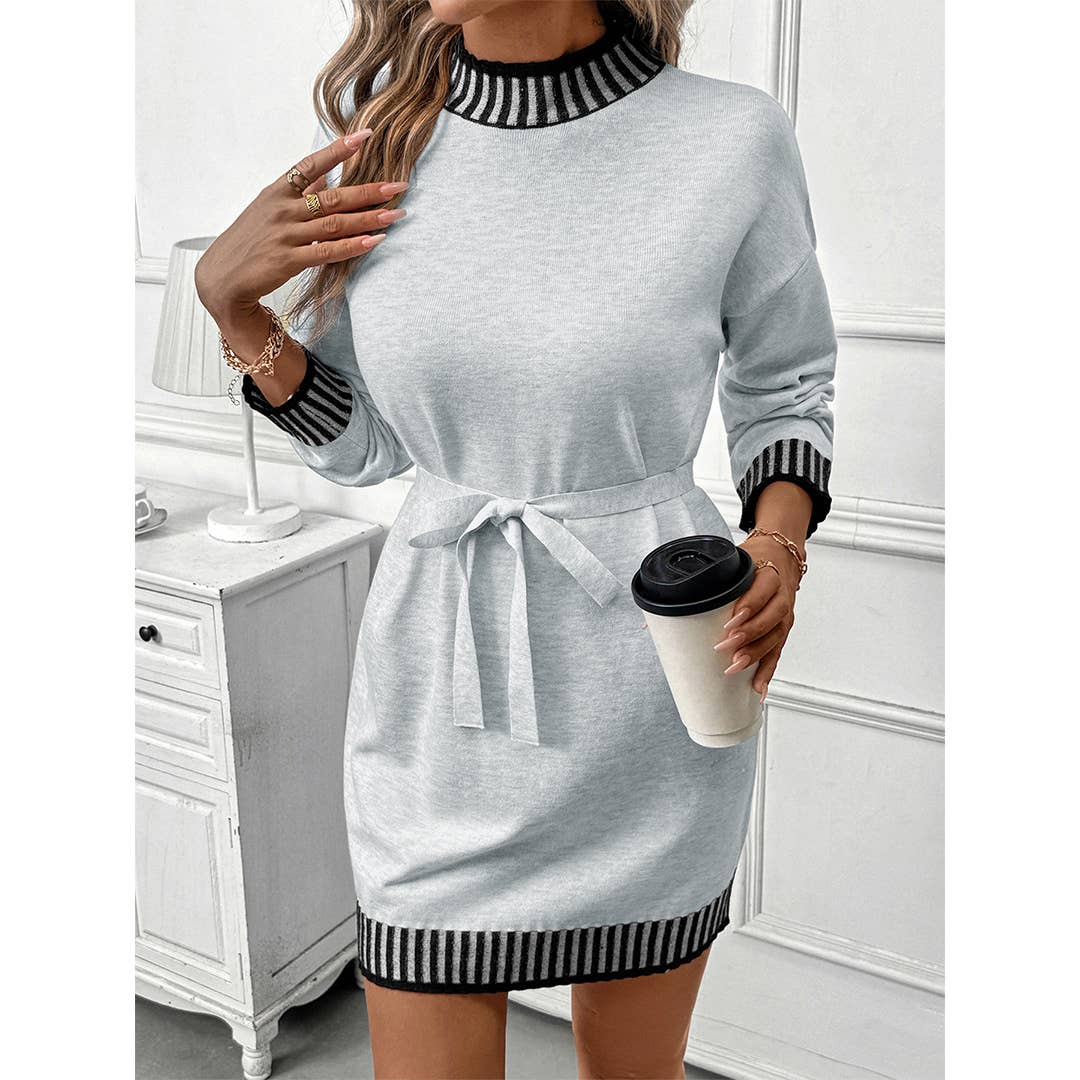 Robe Pull à Col Cheminée Rayé à Blocs de Couleur