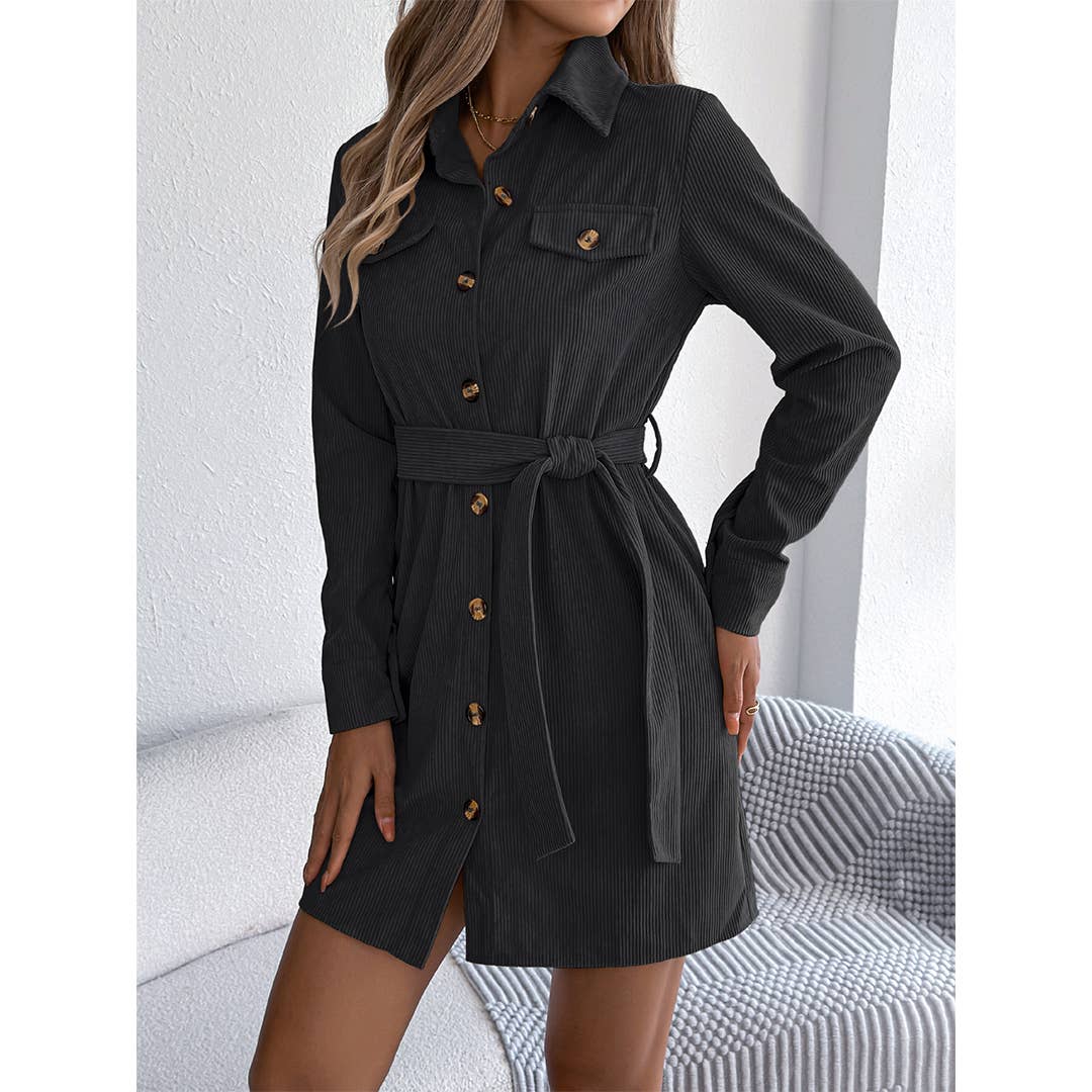 Robe décontractée unie à manches longues boutonnée avec ceinture