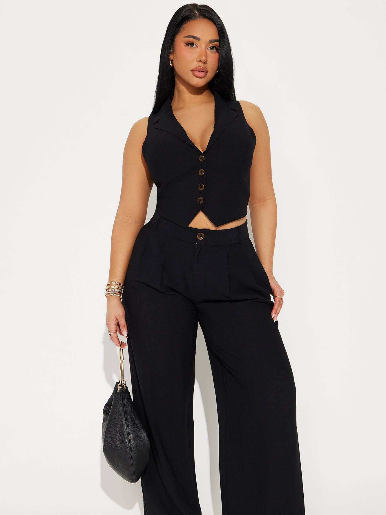 ENSEMBLE GILET À COL BOUTONNÉ ET PANTALON À JAMBES LARGES