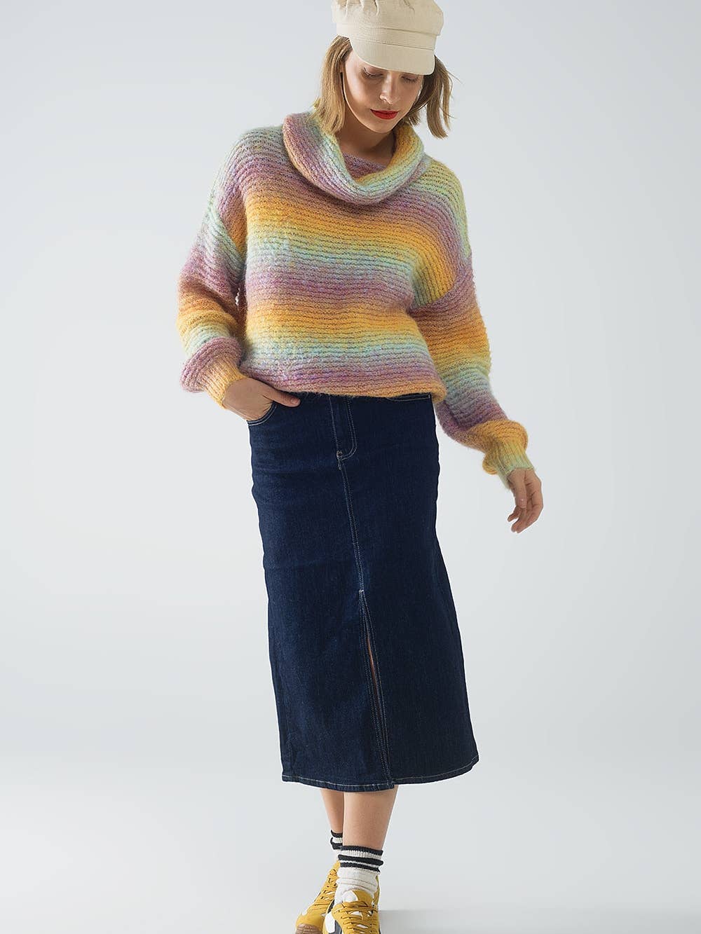 Pull confortable à col roulé surdimensionné multicolore