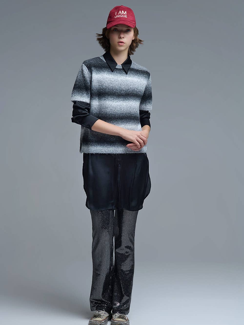 Pull à manches courtes à rayures ombrées en gris