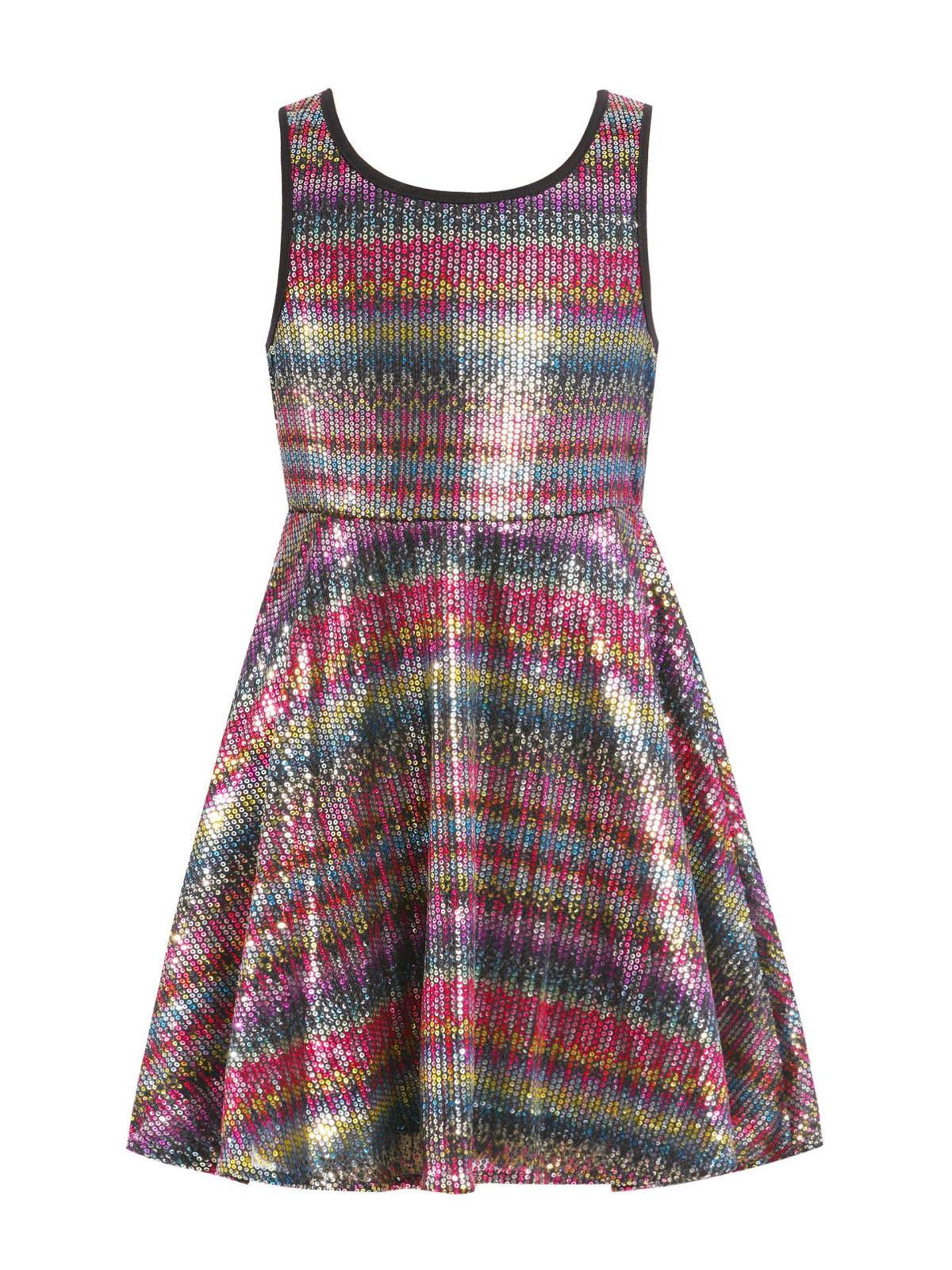 ROBE CINTRÉE ET ÉVASÉE À PAILLETTES ARC-EN-CIEL