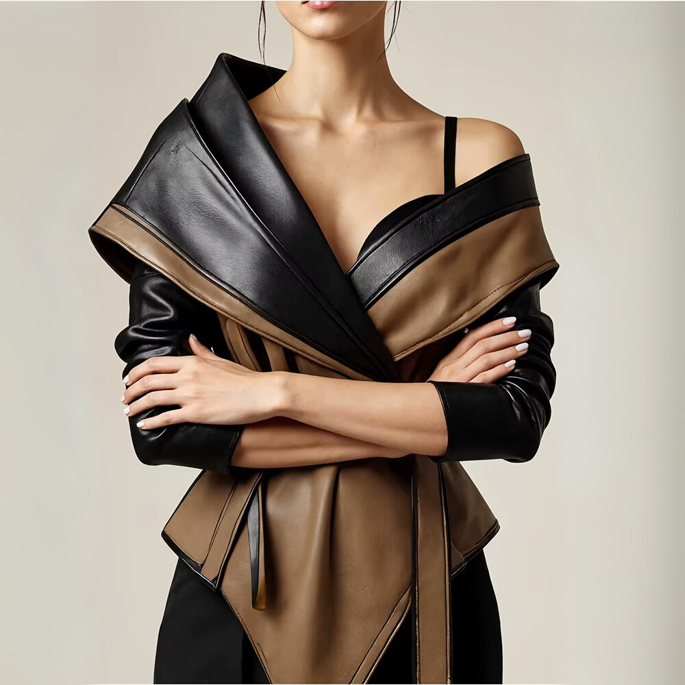 Veste en cuir ceinturée élégante femme